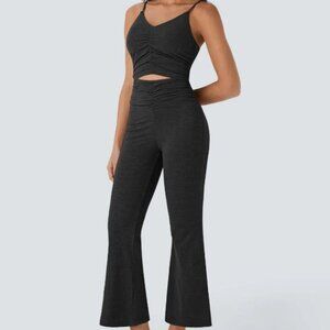 Cut Out Ruched Flare Casual Slip Jumpsuit